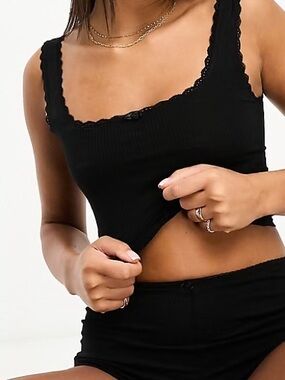 Cotton On Body Black Ribbed Lace-Trim Tank